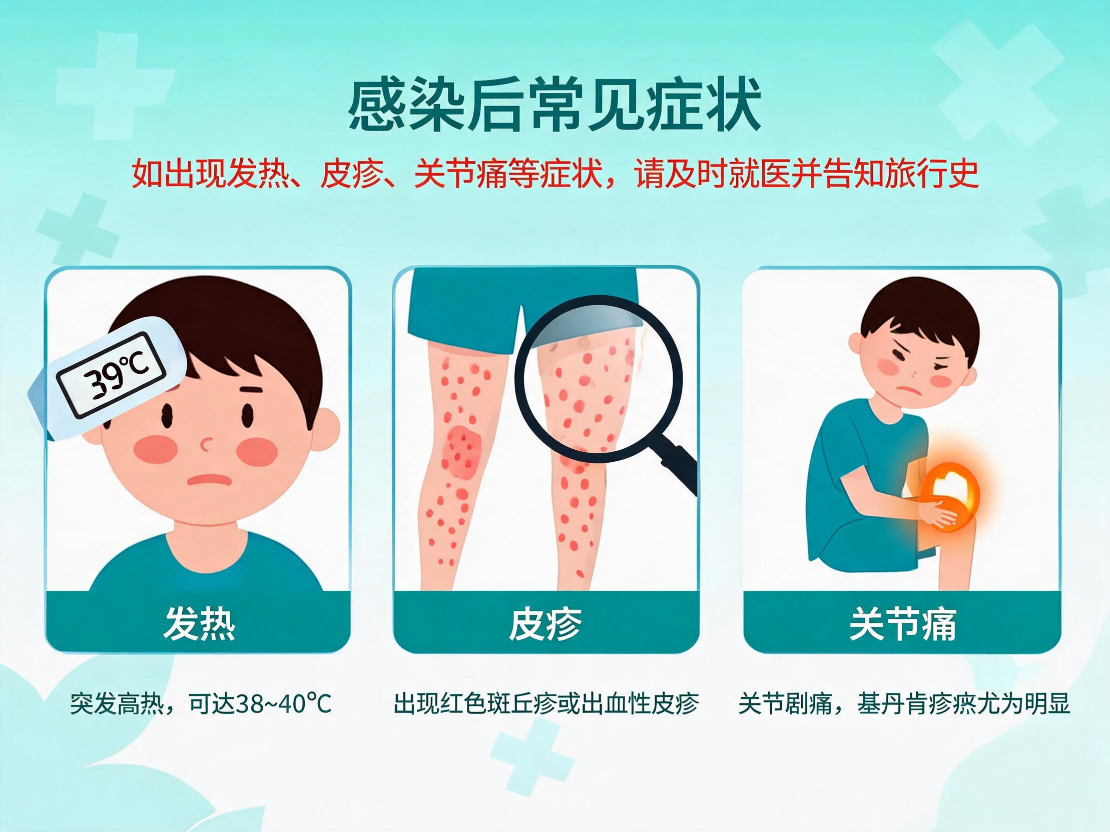 发热、皮疹、关节痛症状示意图