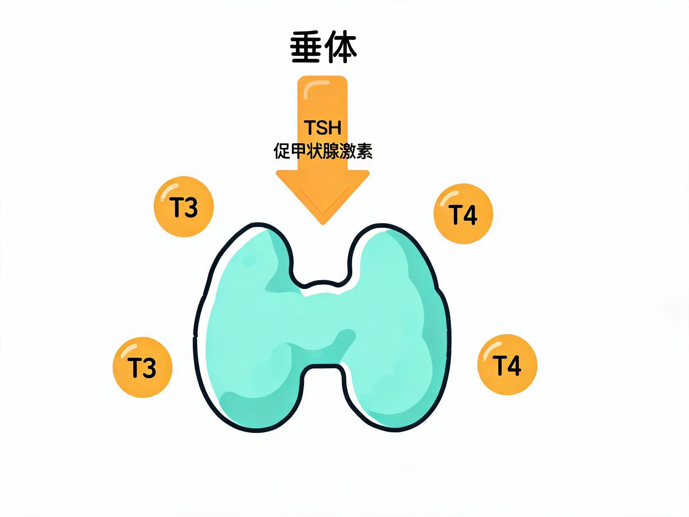 蝴蝶状甲状腺与TSH指令、激素分子的示意图