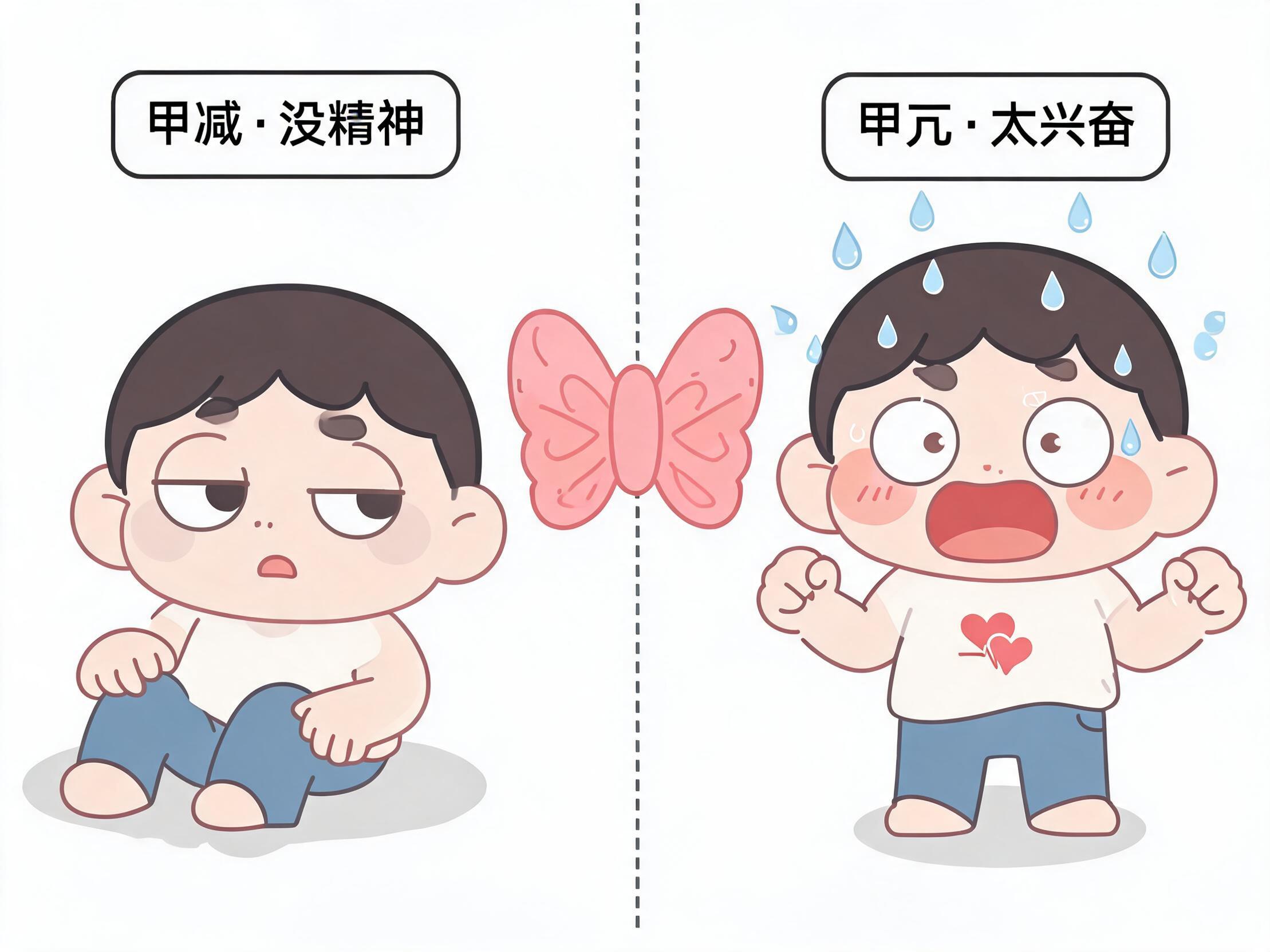 左甲减没精神、右甲亢太兴奋的对比插画